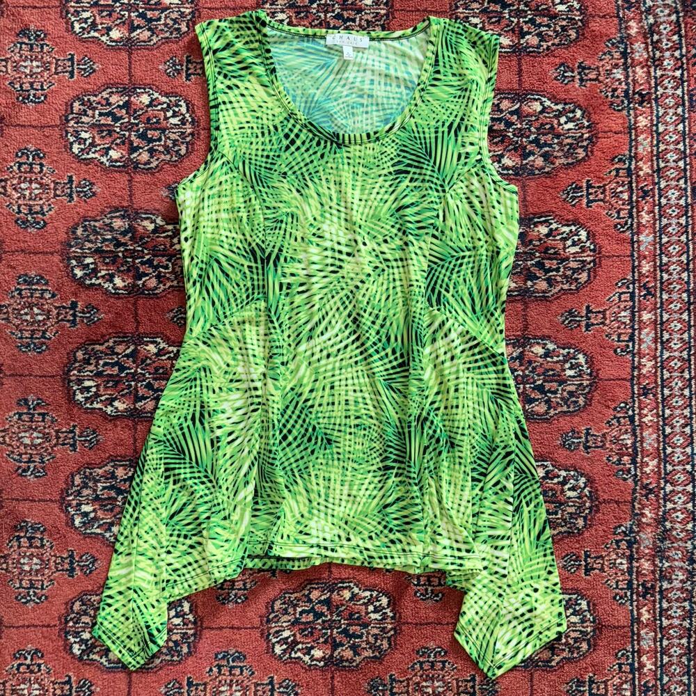 Chaus L‎ Green/Black Abstract Print Asymmetrical Stretch Knit Flowy Tank Top